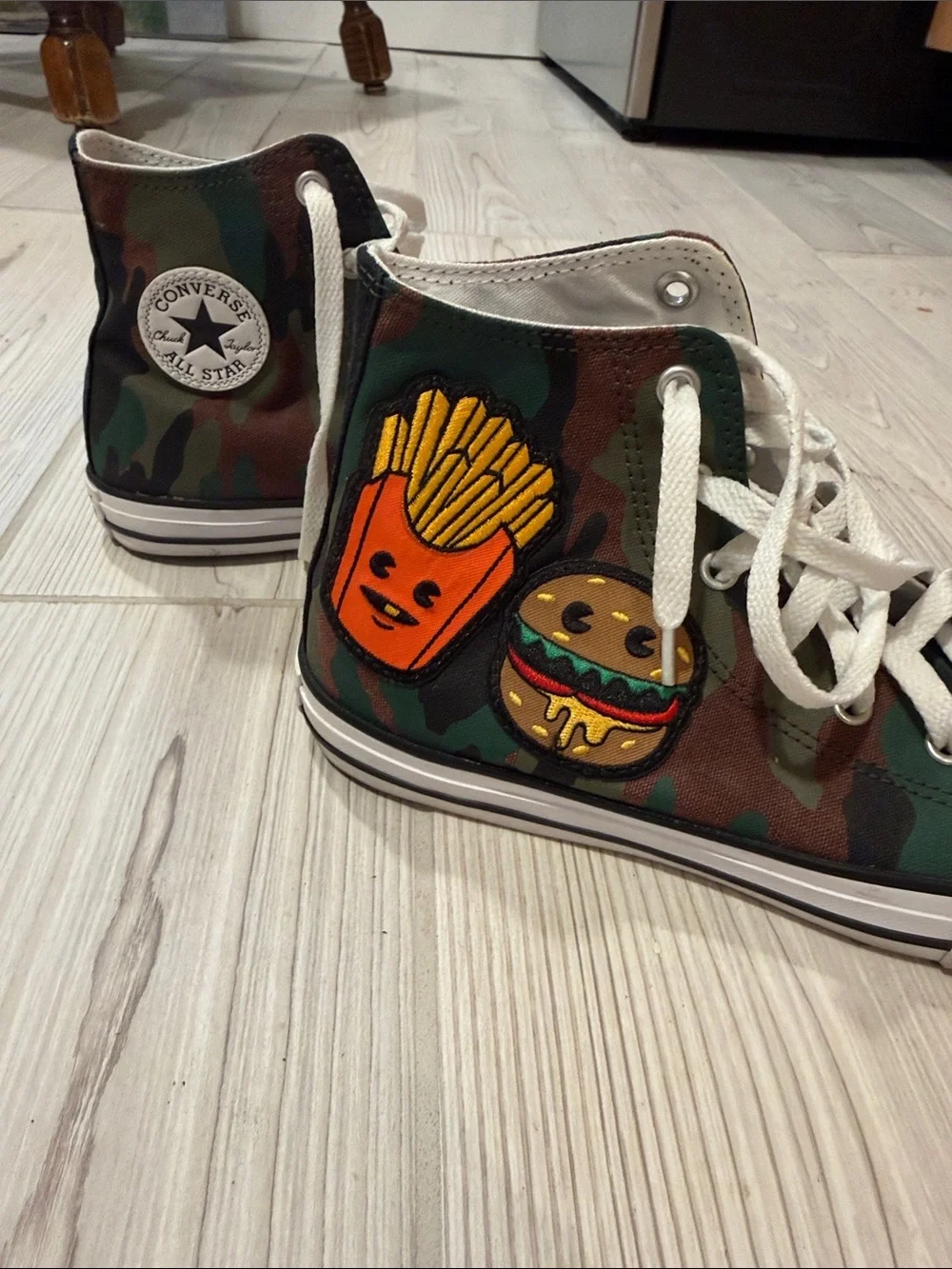 Converse High Top Sneakers - Camo Green with White Laces and Orange Patch
